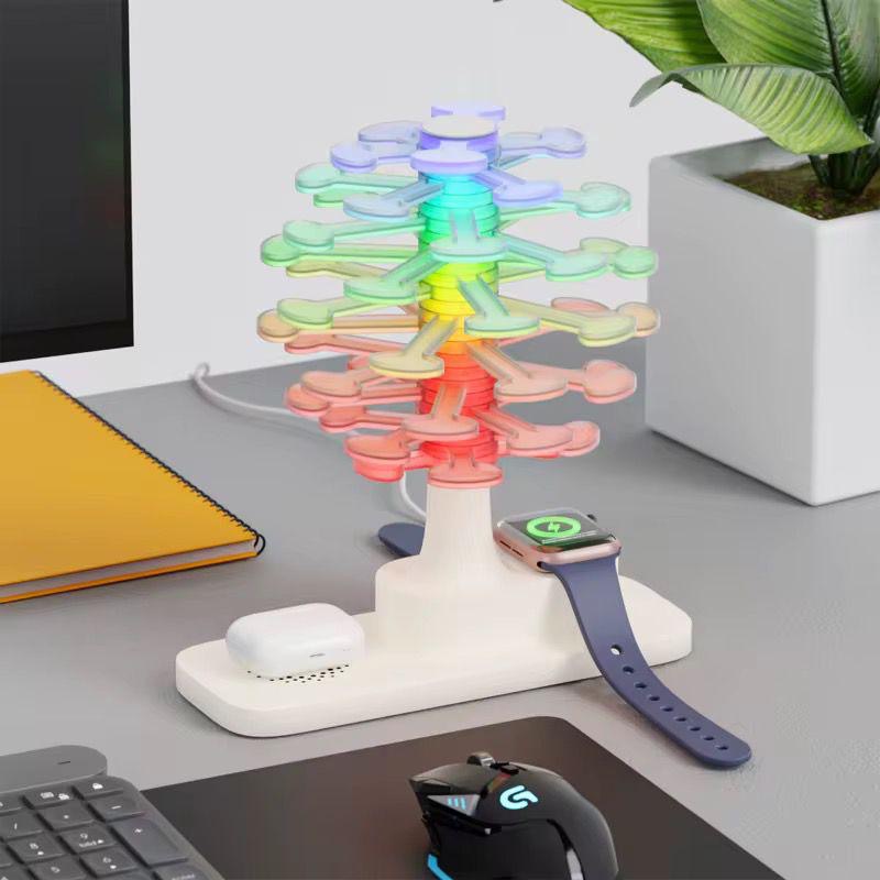 Lampe LED Arbre Multicolore 4-en-1 – Ambiance + Charge Téléphone + Montre + Écouteurs