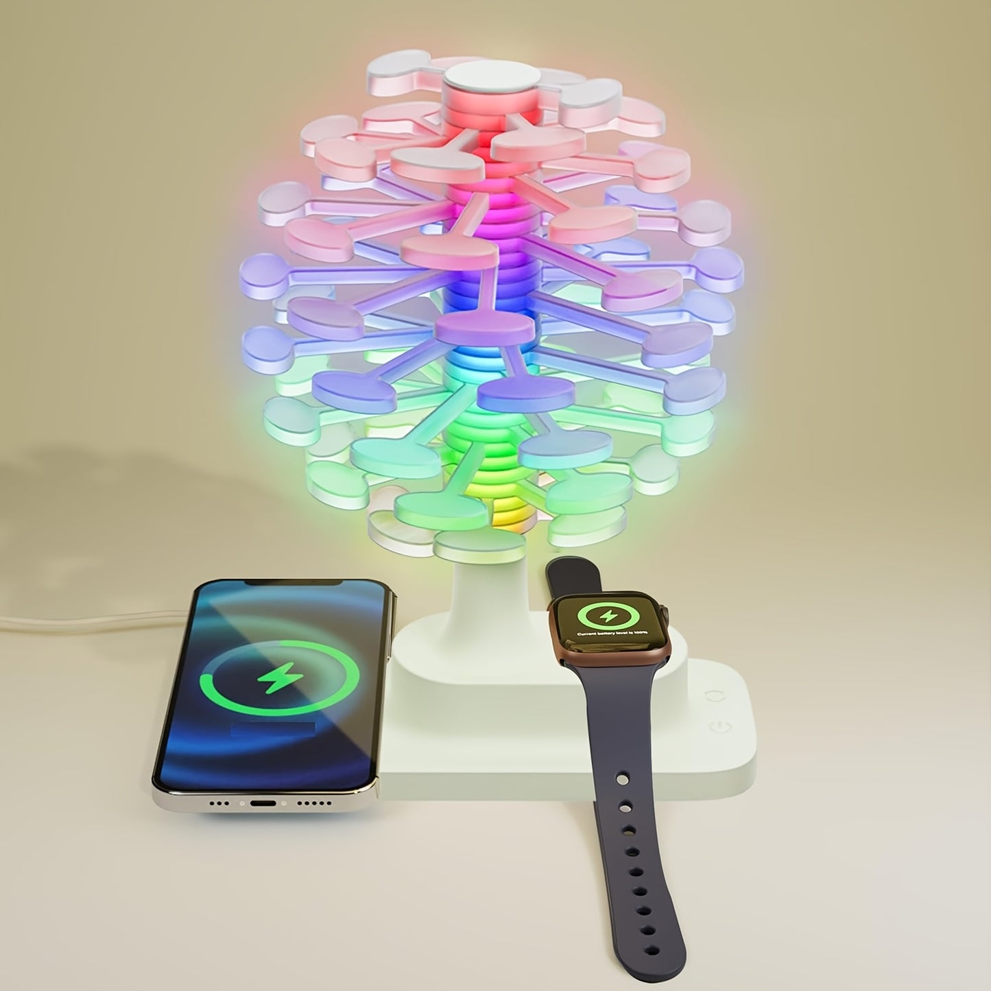 Lampe LED Arbre Multicolore 4-en-1 – Ambiance + Charge Téléphone + Montre + Écouteurs