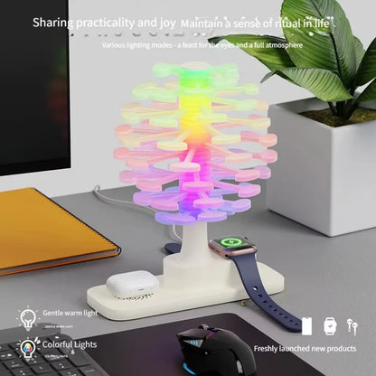 Lampe LED Arbre Multicolore 4-en-1 – Ambiance + Charge Téléphone + Montre + Écouteurs