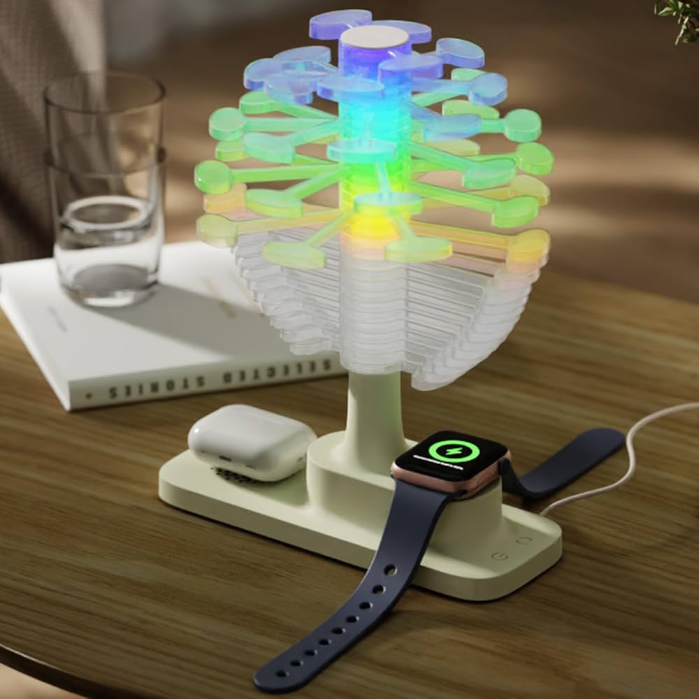 Lampe LED Arbre Multicolore 4-en-1 – Ambiance + Charge Téléphone + Montre + Écouteurs