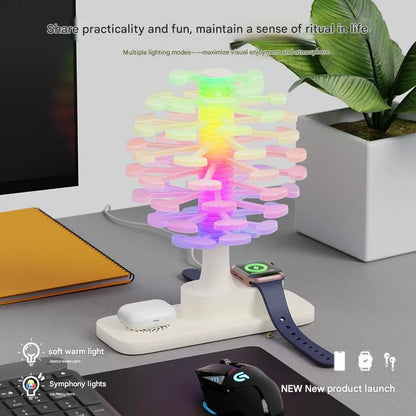 Lampe LED Arbre Multicolore 4-en-1 – Ambiance + Charge Téléphone + Montre + Écouteurs