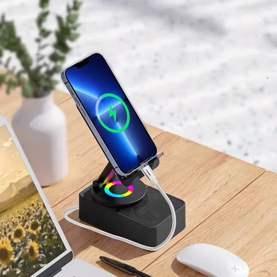 Support Téléphone Multifonction – Haut-Parleur Bluetooth + Charge + LED